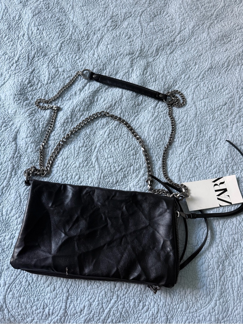 ZARA Black Quilted Leather Crossbody with Silver Chain Strap